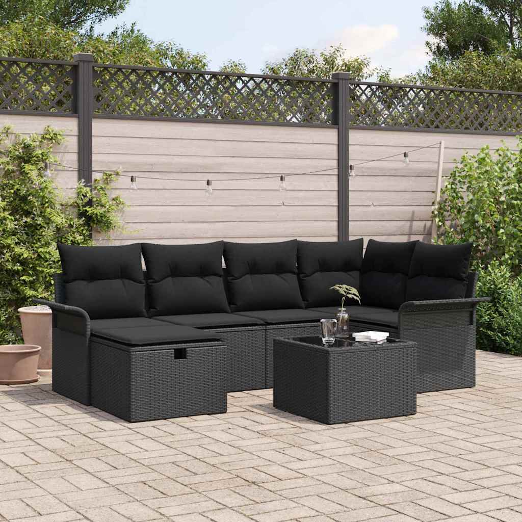Garden Sofa Set with Cushion Manual 7 pcs Black Poly Rattan