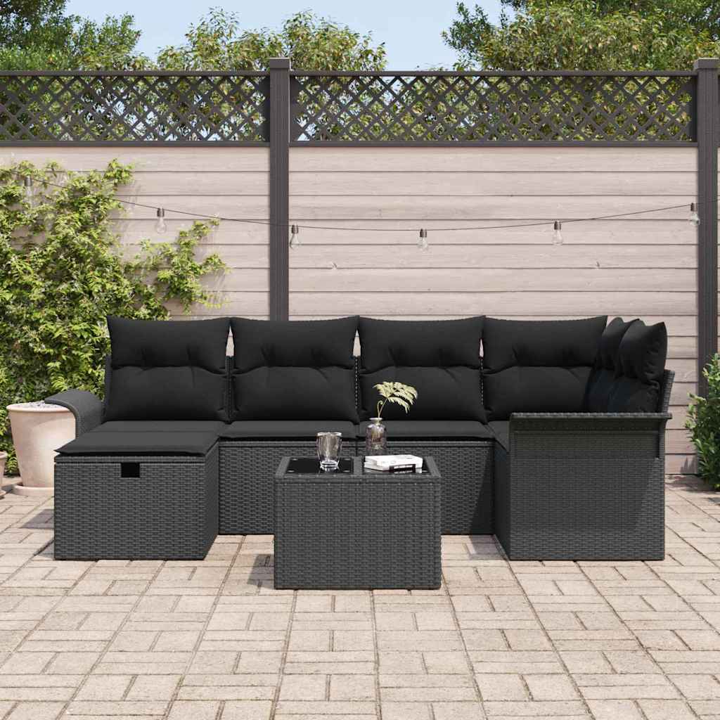 Garden Sofa Set with Cushion Manual 7 pcs Black Poly Rattan