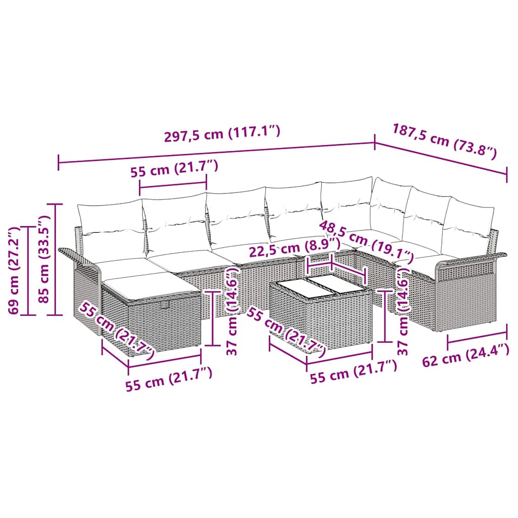 Garden Sofa Set with Cushion Manual 9 pcs Grey Poly Rattan