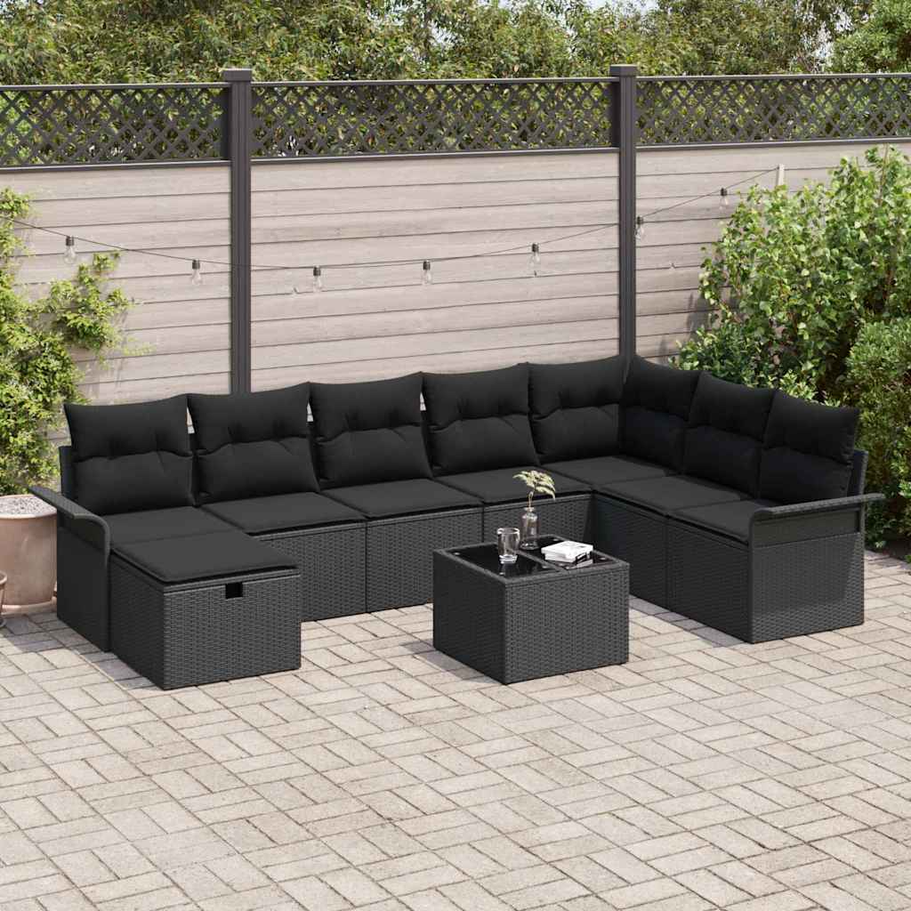 Garden Sofa Set with Cushion Manual 9 pcs Black Poly Rattan