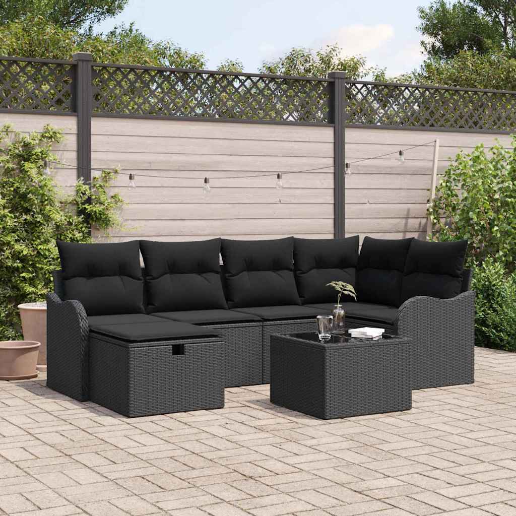 Garden Sofa Set with Cushion Manual 7 pcs Black Poly rattan