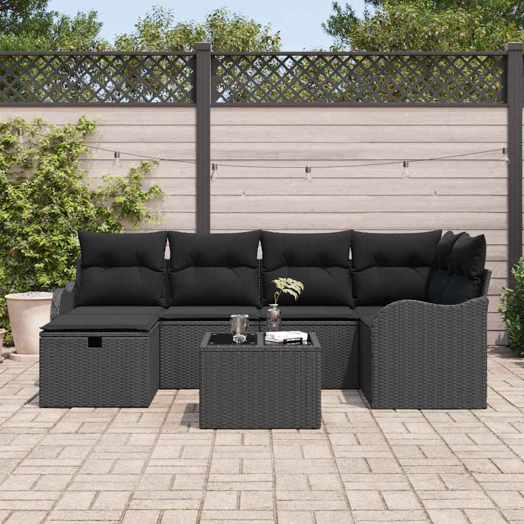 Garden Sofa Set with Cushion Manual 7 pcs Black Poly rattan