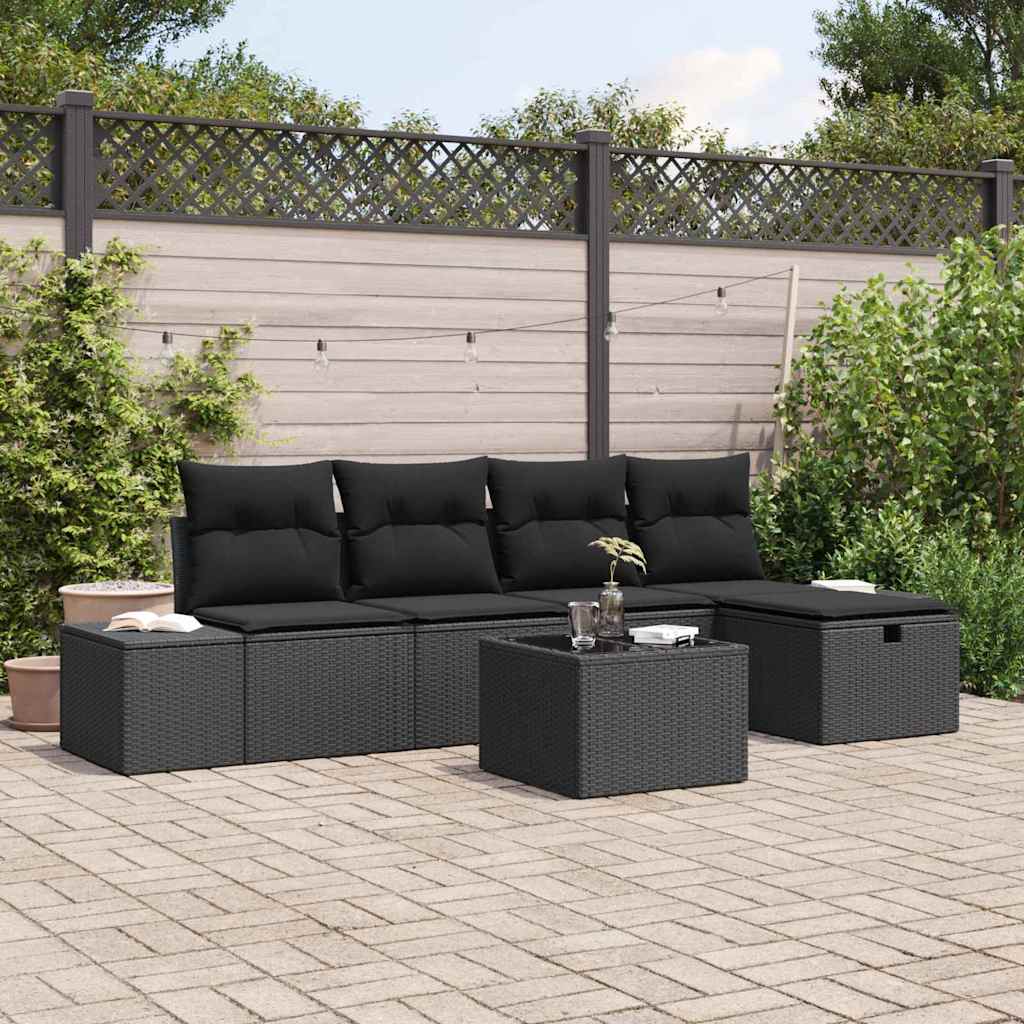 Garden Sofa Set with Cushion 6 pcs Black Poly Rattan