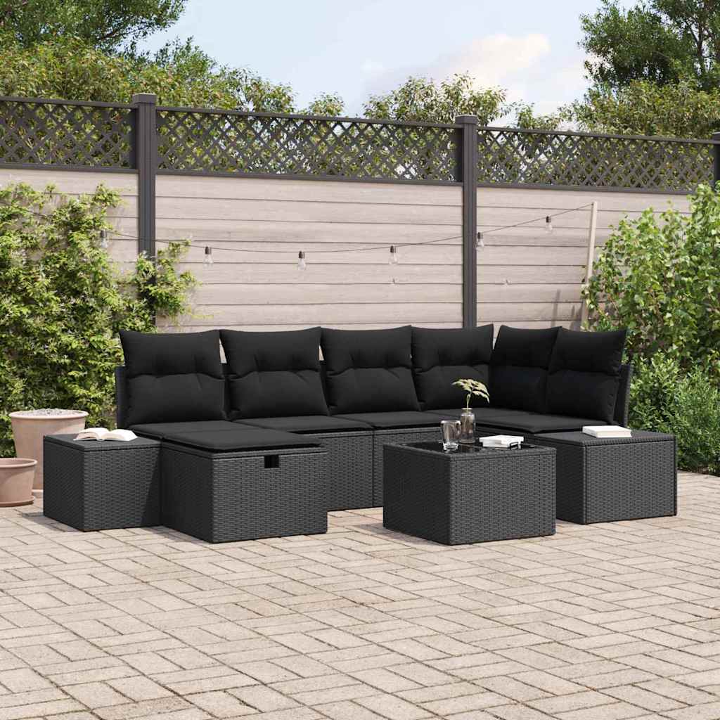 Garden Sofa Set with Cushion 7 pcs Black Poly Rattan