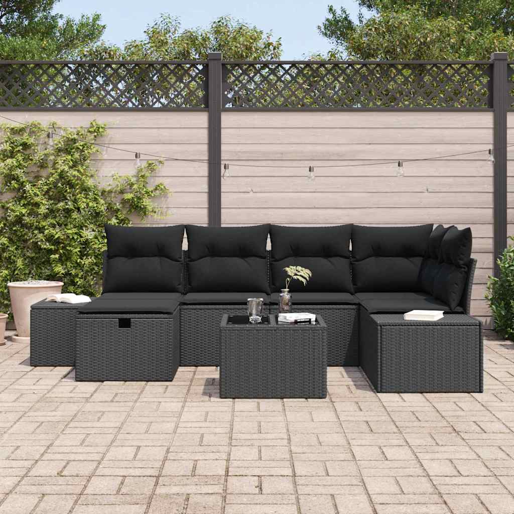 Garden Sofa Set with Cushion 7 pcs Black Poly Rattan