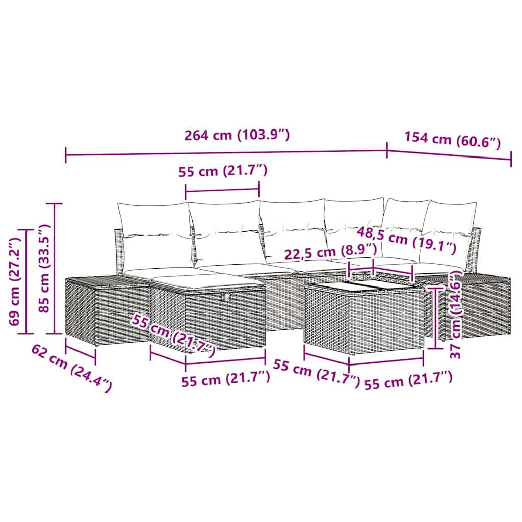 Garden Sofa Set with Cushion 7 pcs Black Poly Rattan