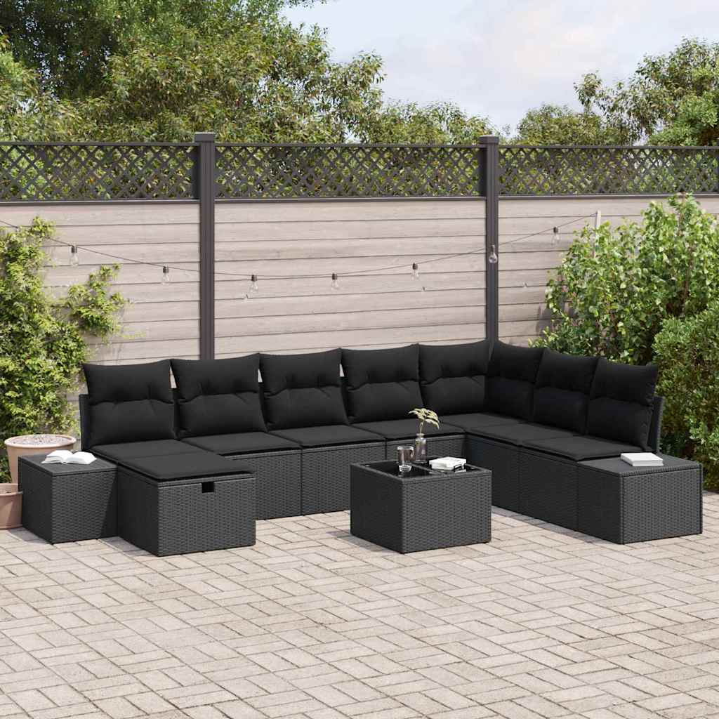 Garden Sofa Set with Cushion 9 pcs Black Poly Rattan