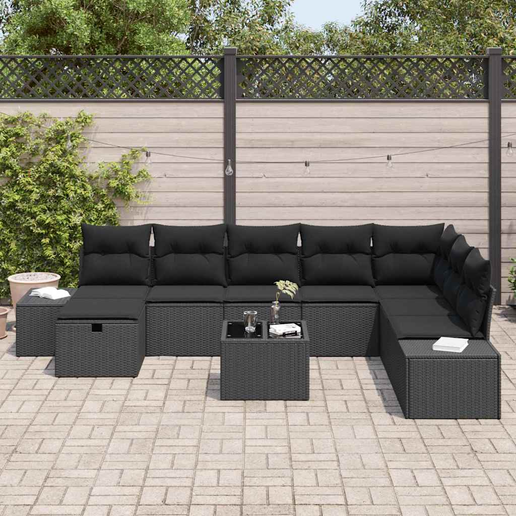 Garden Sofa Set with Cushion 9 pcs Black Poly Rattan