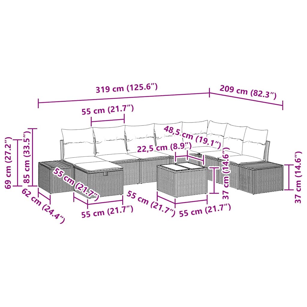 Garden Sofa Set with Cushion 9 pcs Black Poly Rattan