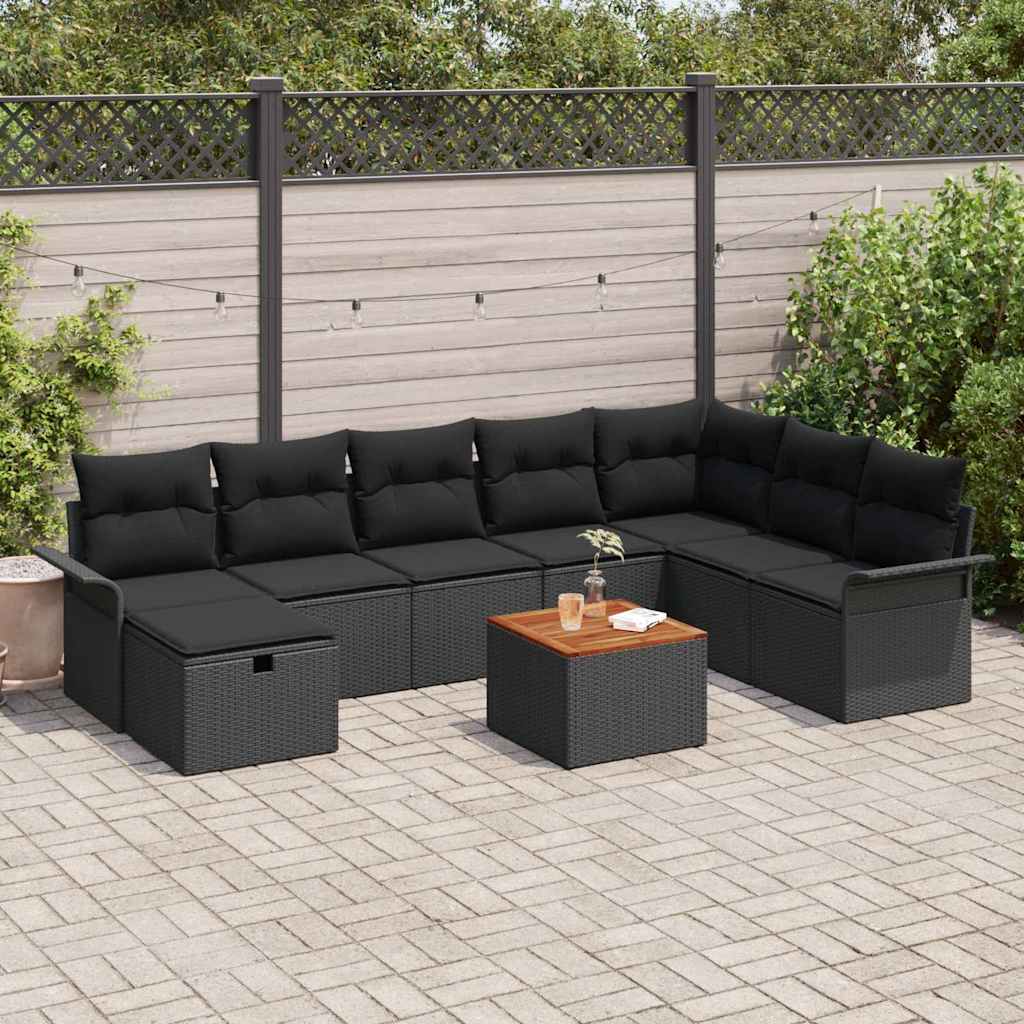 Garden Sofa Set with Cushion 9 pcs Black Poly Rattan