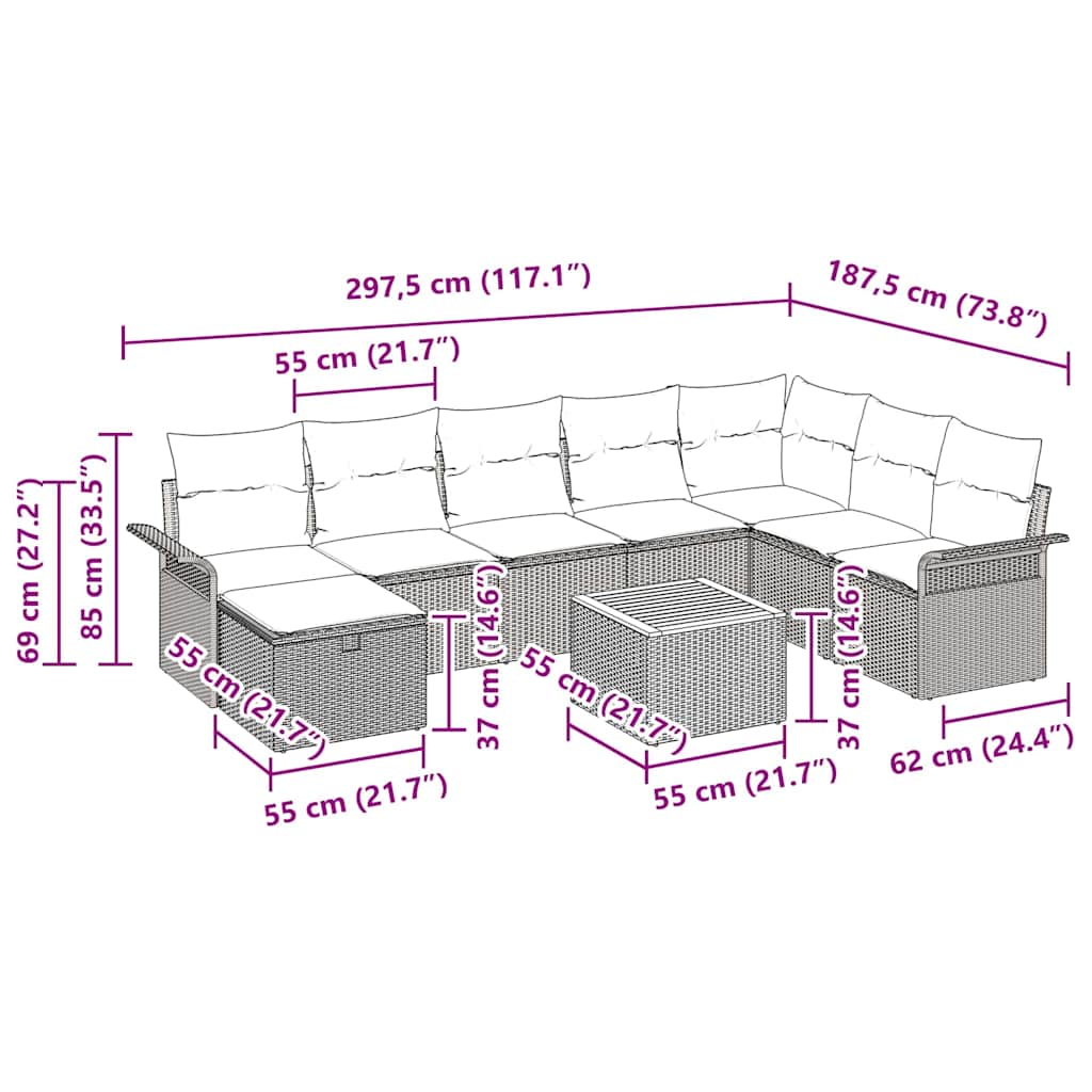 Garden Sofa Set with Cushion 9 pcs Black Poly Rattan