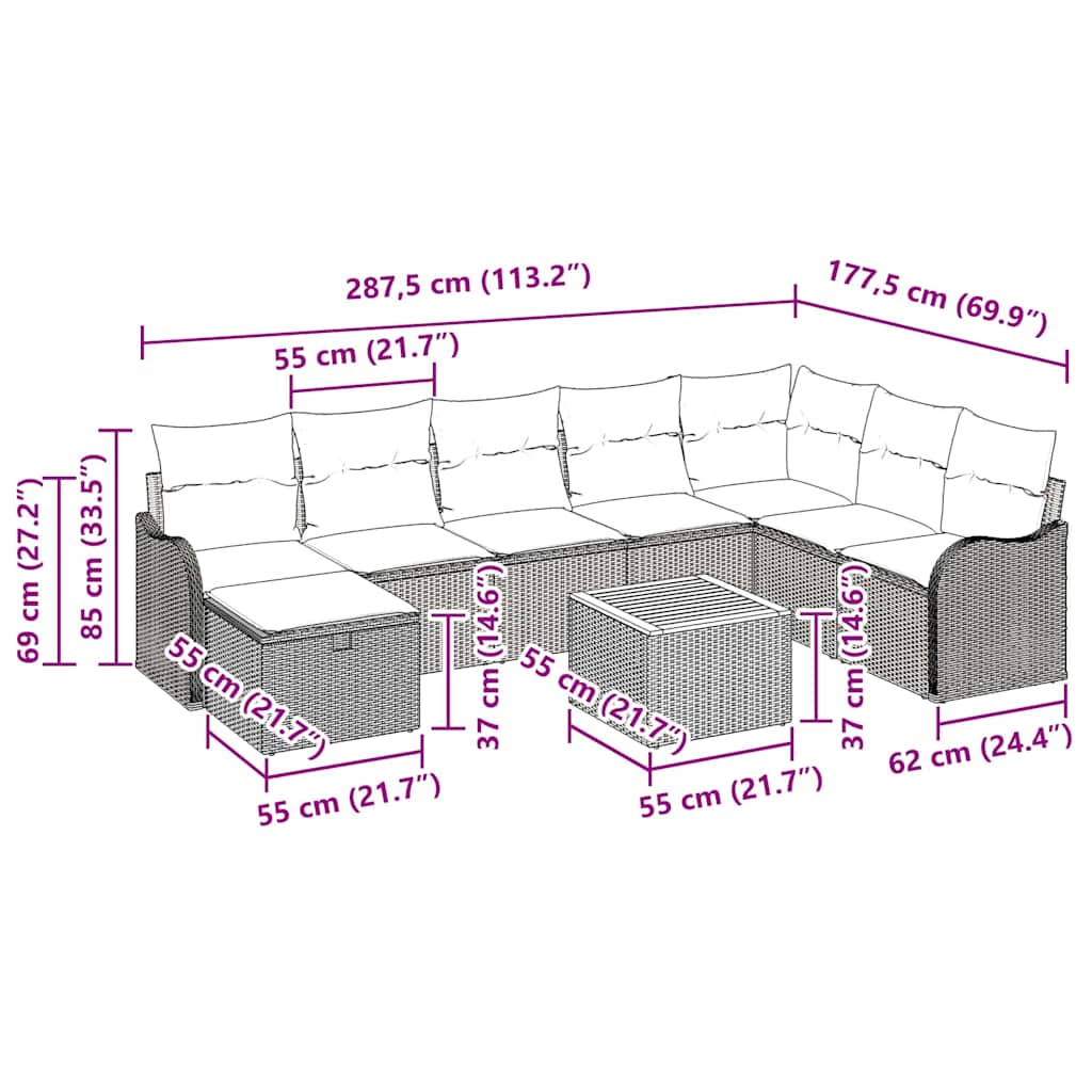 Garden Sofa Set with Cushion 9 pcs Grey Poly Rattan