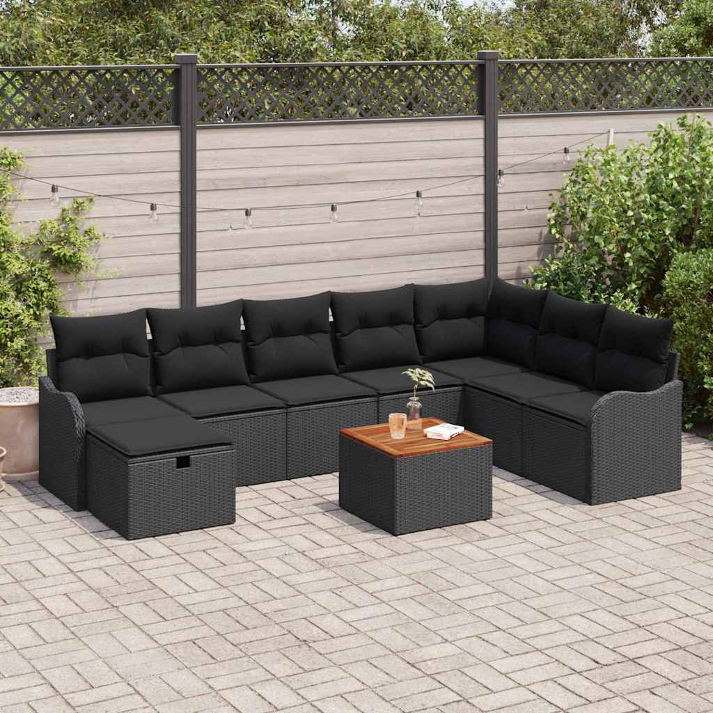 Garden Sofa Set with Cushion 9 pcs Black Poly Rattan