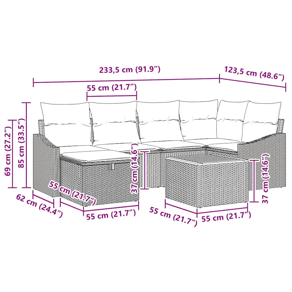 Garden Sofa Set with Cushion 7 pcs Grey Poly Rattan