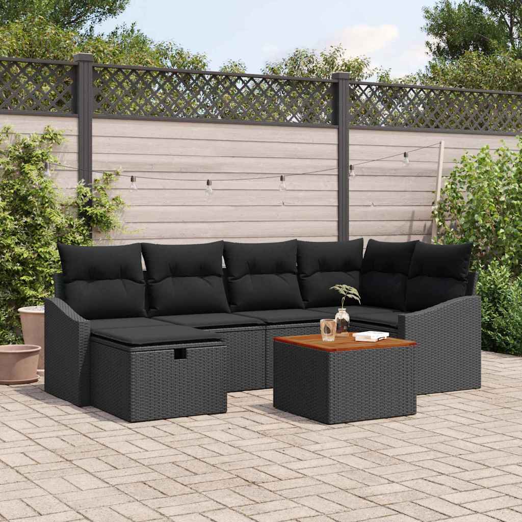 Garden Sofa Set with Cushion 7 pcs Black Poly Rattan