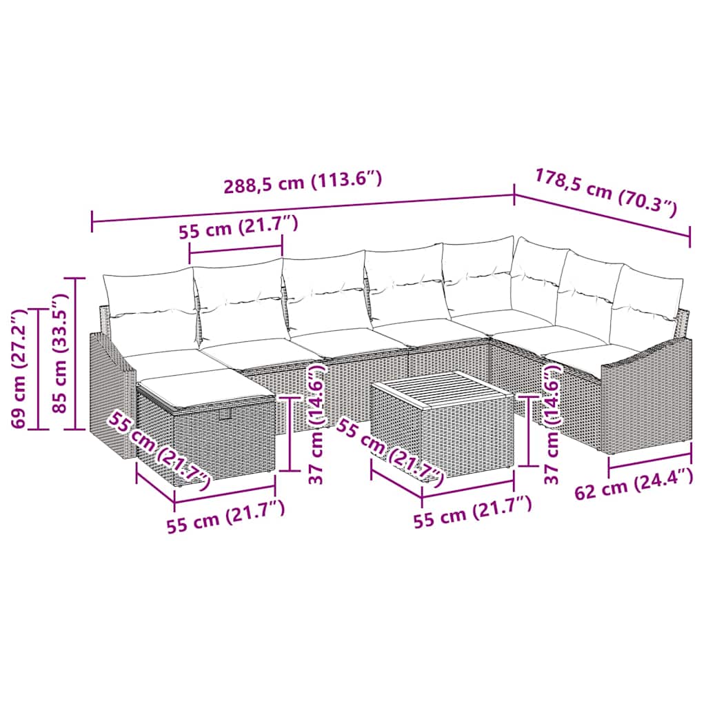 Garden Sofa Set with Cushion 9 pcs Grey Poly Rattan