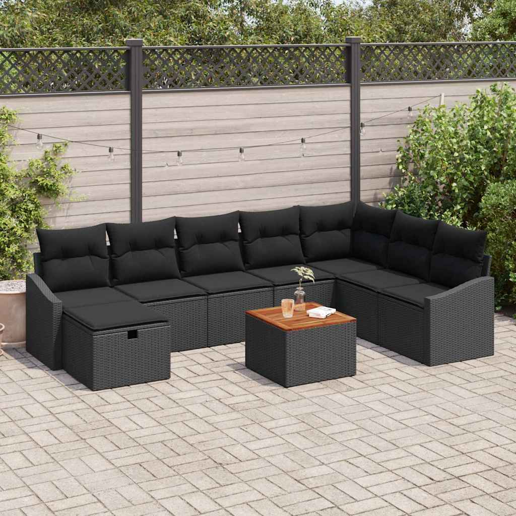 Garden Sofa Set with Cushion 9 pcs Black Poly Rattan