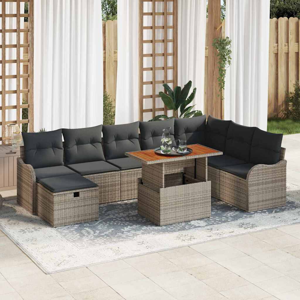 Garden Sofa Set with Cushion 9 pcs Grey Poly Rattan