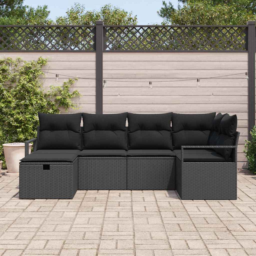Garden Sofa Set with Cushion 6 pcs Black Poly Rattan