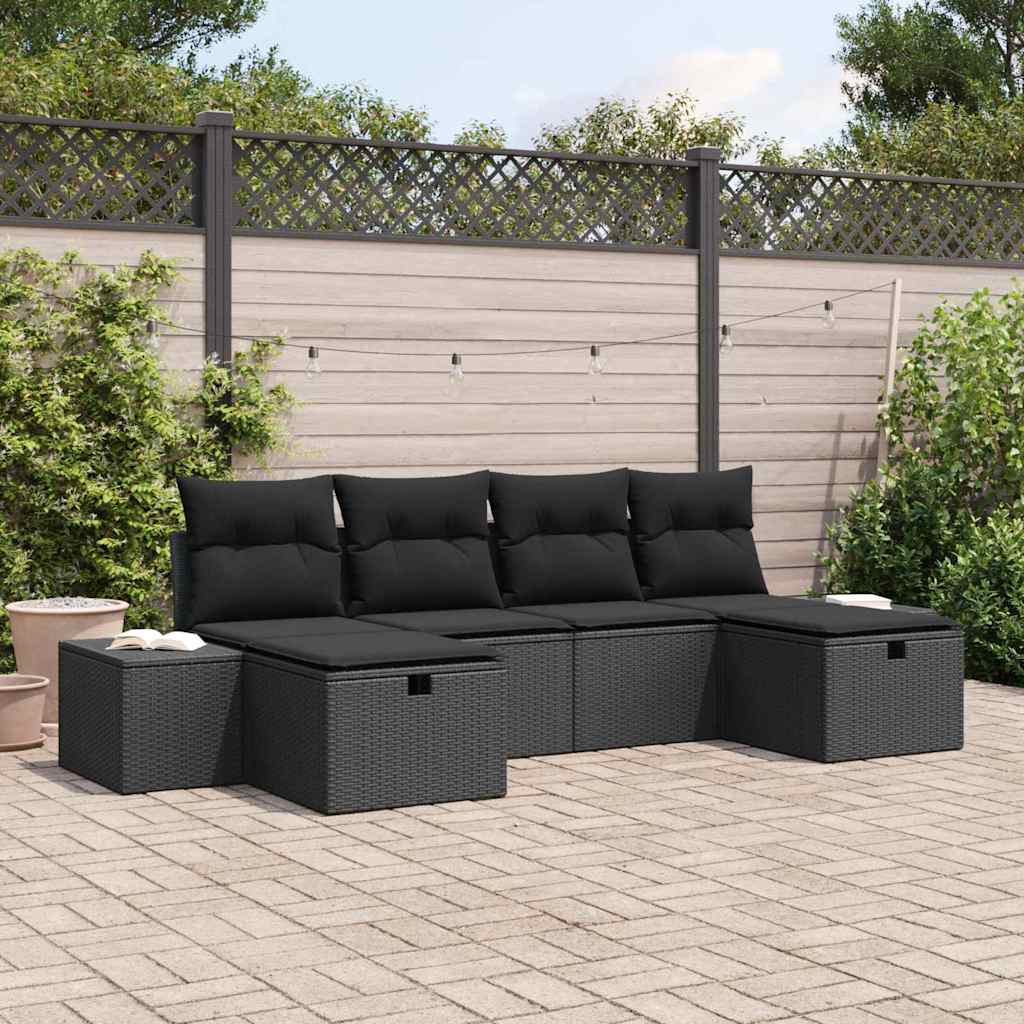 Garden Sofa Set with Cushion 6 pcs Black Poly Rattan