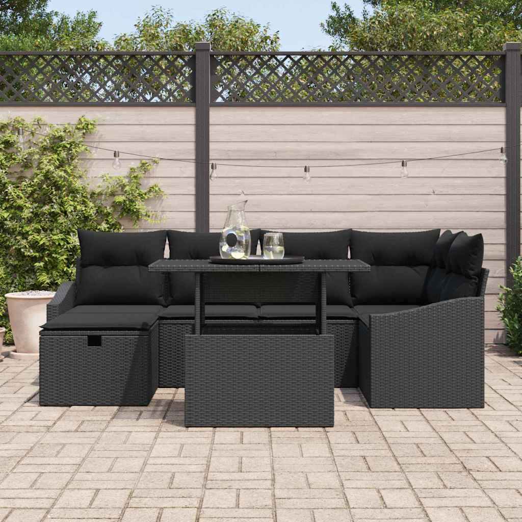 Garden Sofa Set Height-Adjustable 7 pcs Black Poly Rattan