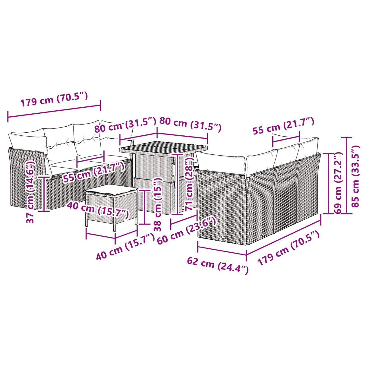 Garden Sofa Set Height-Adjustable 9 pcs Black Poly Rattan