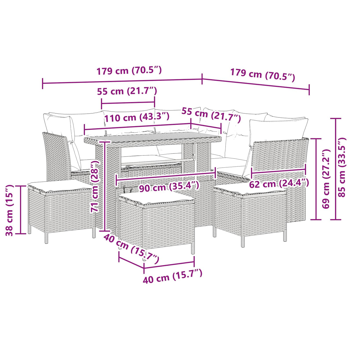 Garden Sofa Set Height-Adjustable 9 pcs Black Poly Rattan