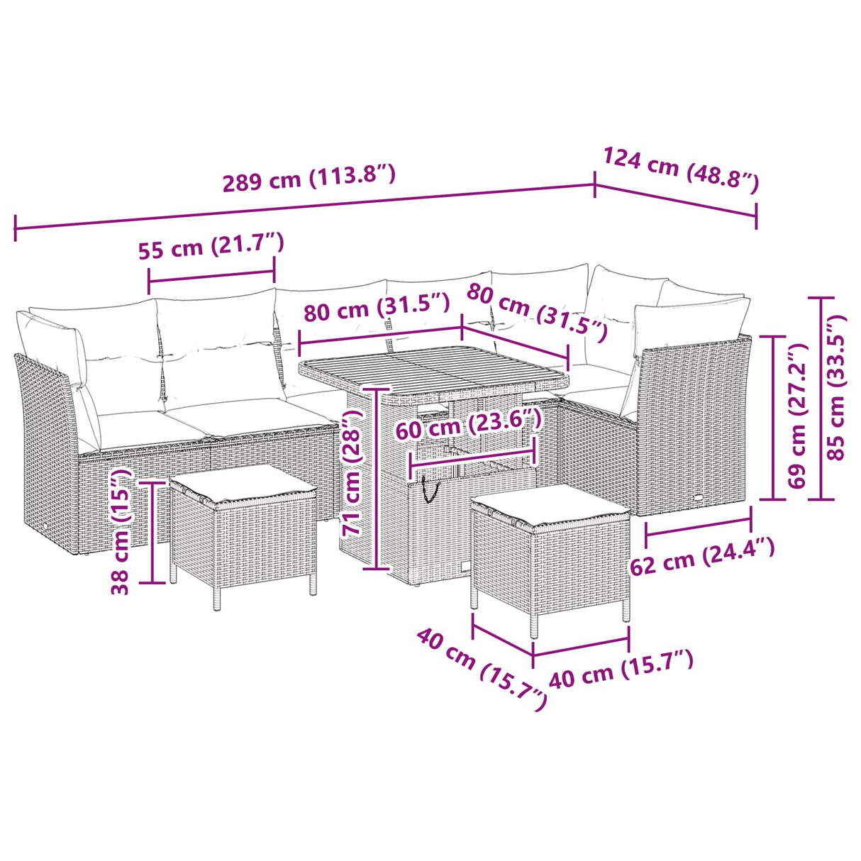 Garden Sofa Set Height-Adjustable 9 pcs Black Poly Rattan