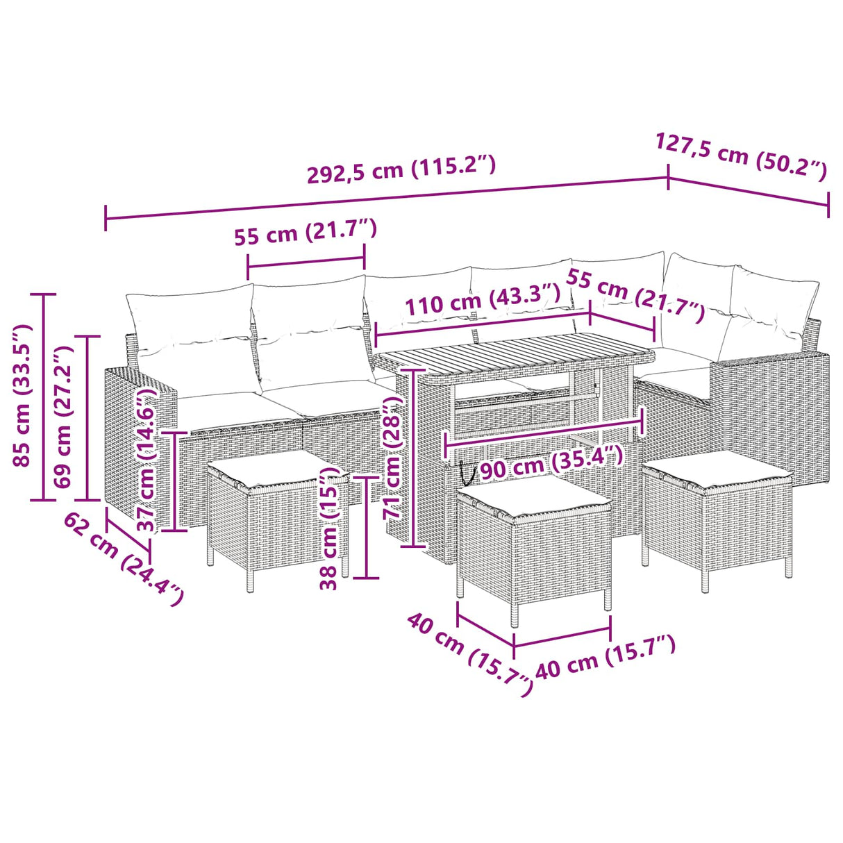 Garden Sofa Set Height-Adjustable 10 pcs Black Poly Rattan