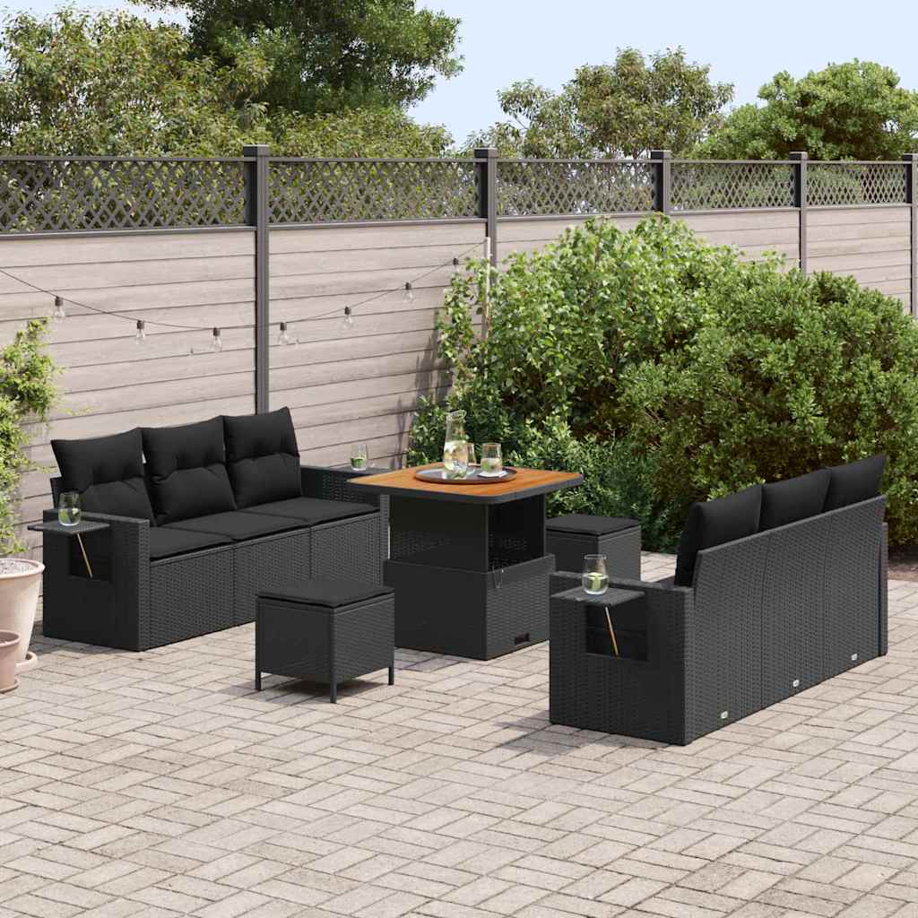 Garden Sofa Set with Cushion 9 pcs Black Poly Rattan