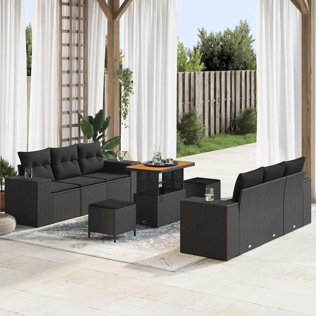 Garden Sofa Set with Cushion 9 pcs Black Poly rattan