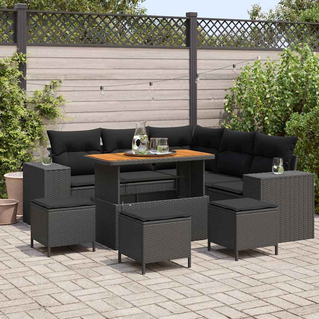 Garden Sofa Set with Cushion 9 pcs Black Poly Rattan