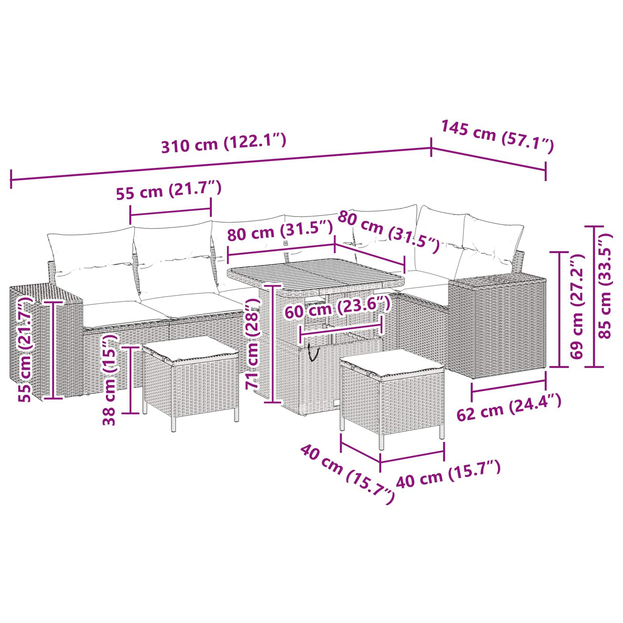 Garden Sofa Set Height-Adjustable 9 pcs Black Poly Rattan