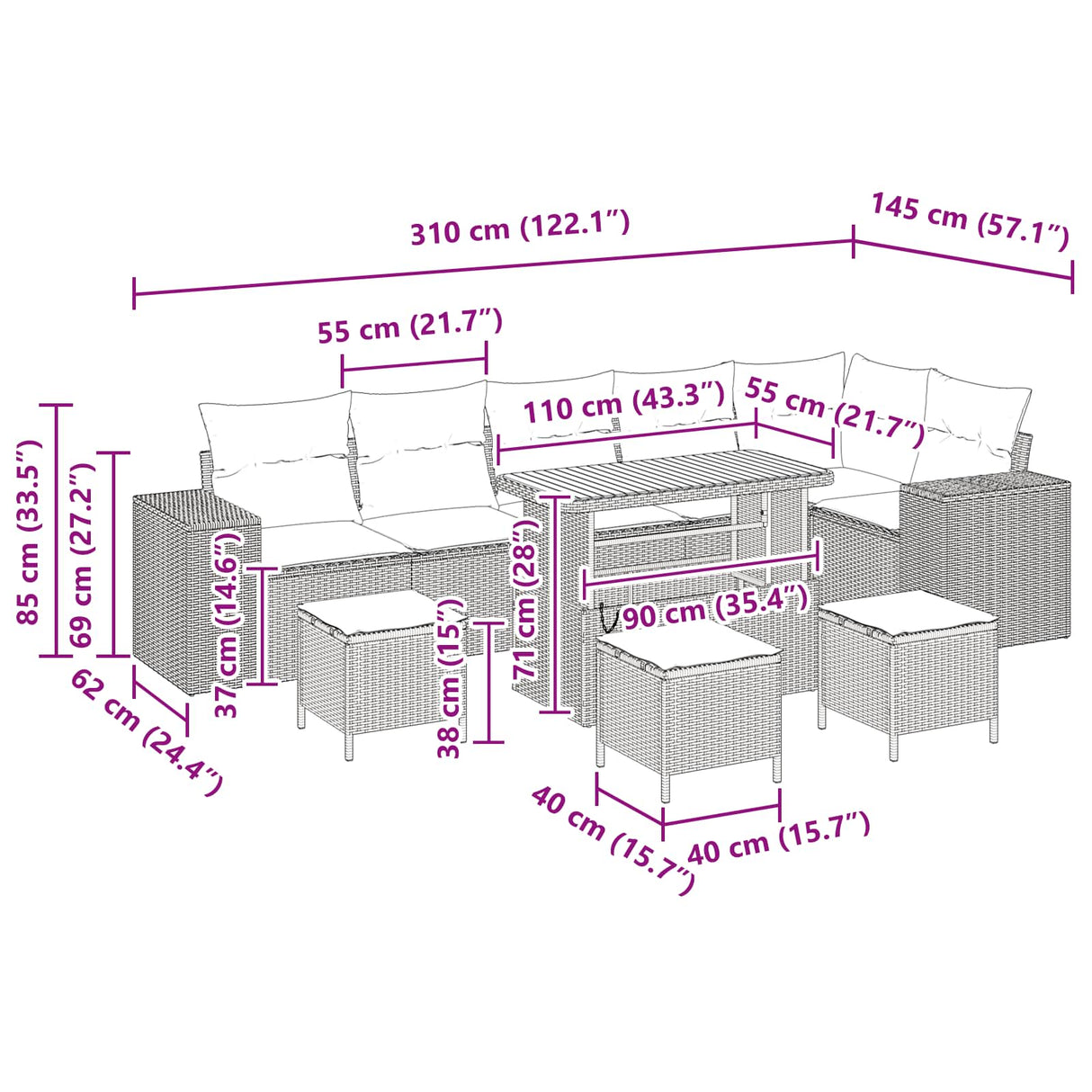 Garden Sofa Set with Cushion 10 pcs Black Poly Rattan