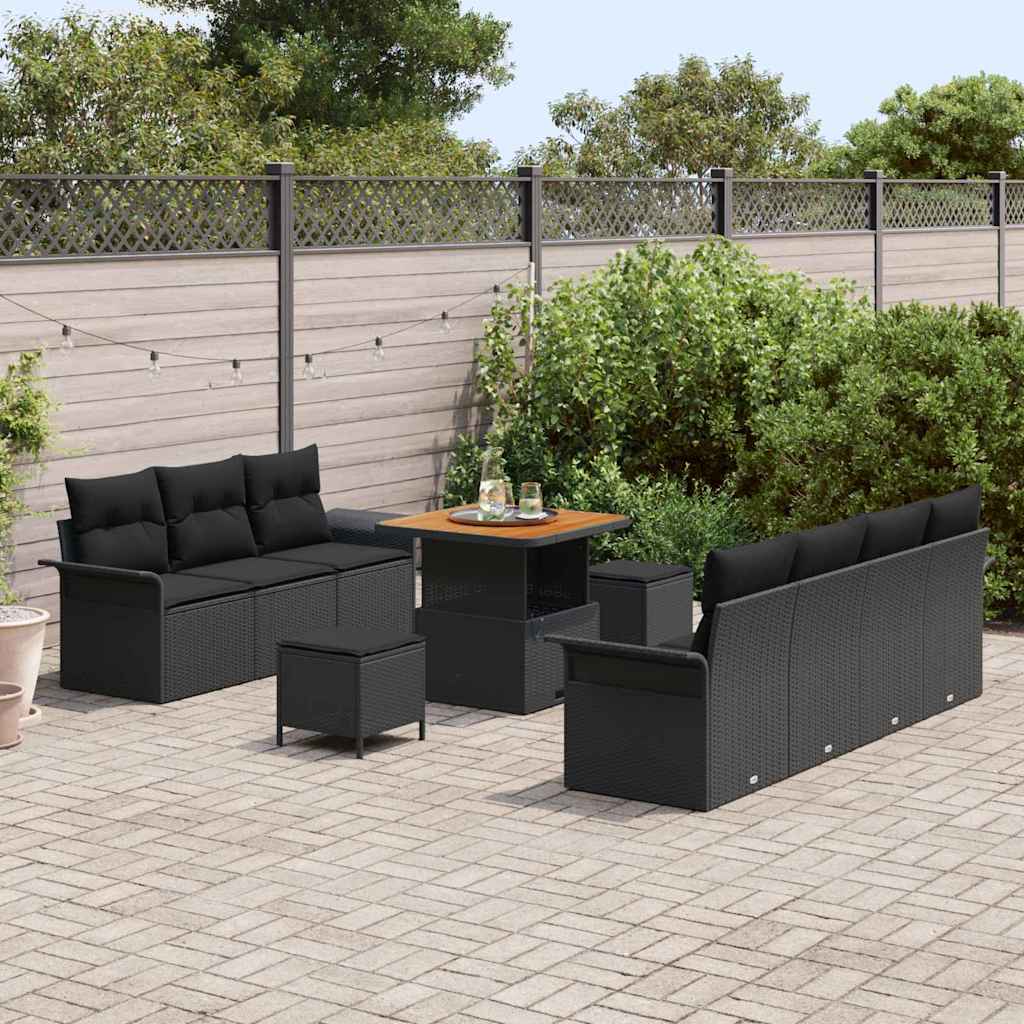 Garden Sofa Set with Cushion 10 pcs Black Poly Rattan
