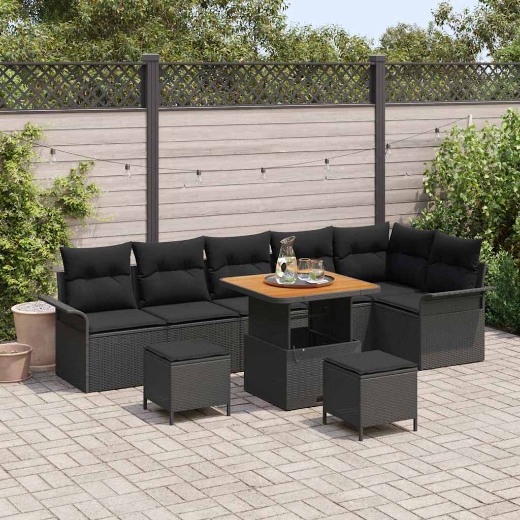 Garden Sofa Set with Cushion 9 pcs Black Poly Rattan