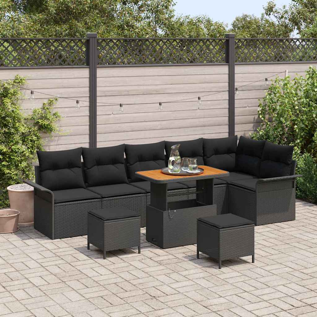 Garden Sofa Set with Cushion 9 pcs Black Poly Rattan