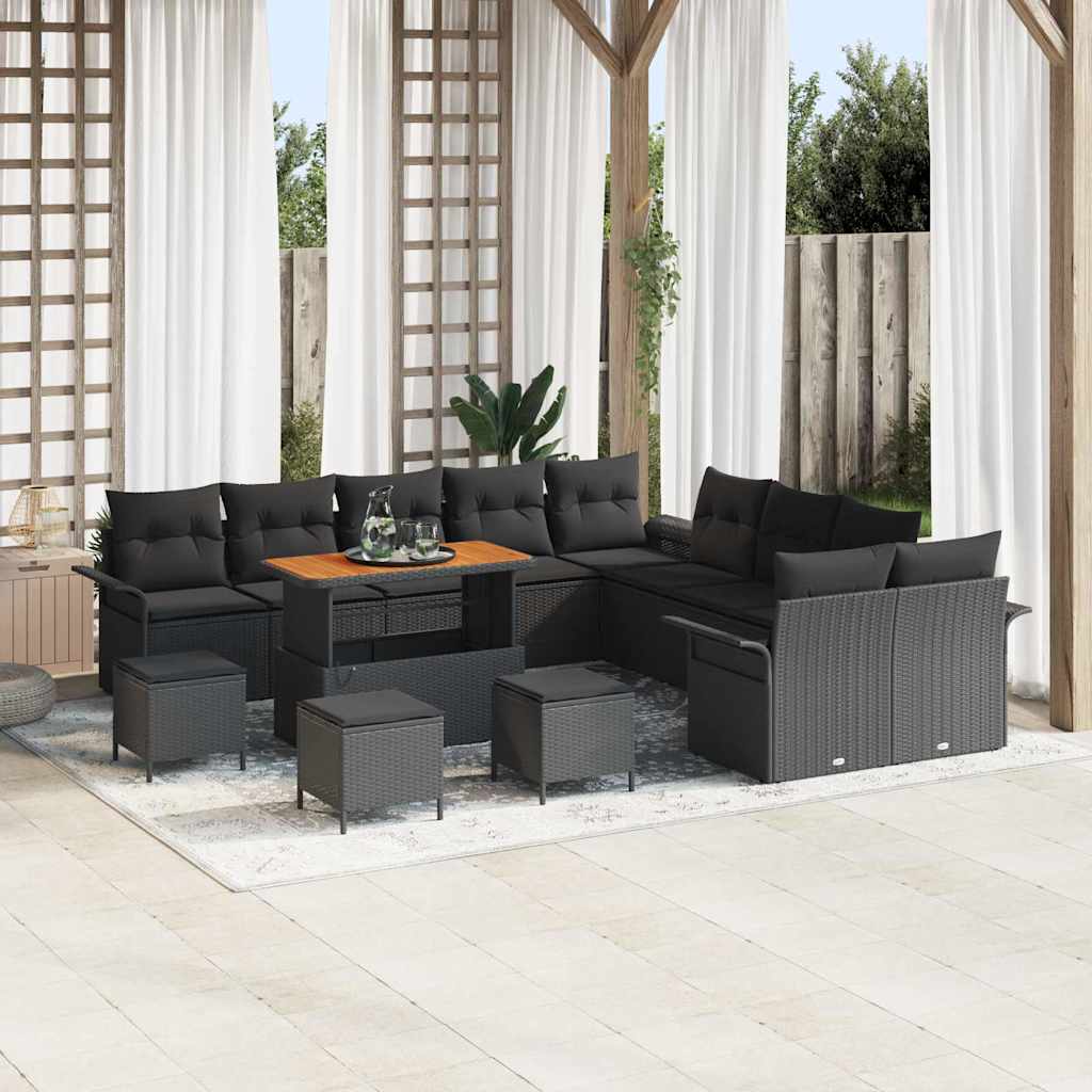 Garden Sofa Set with Cushion 14 pcs Black Poly Rattan