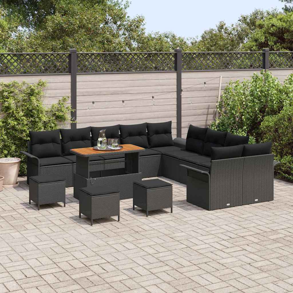 Garden Sofa Set with Cushion 14 pcs Black Poly Rattan