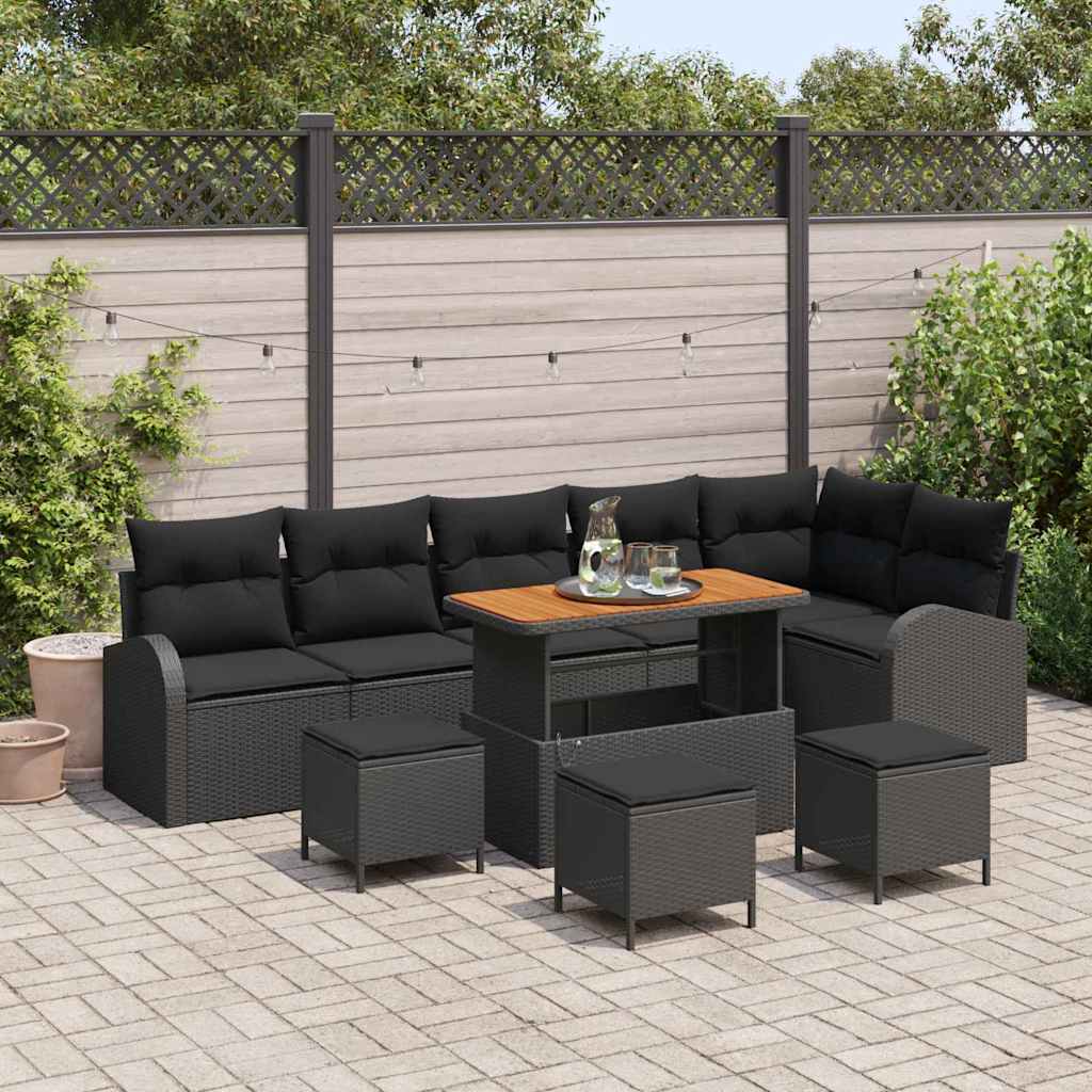 Garden Sofa Set with Cushion 10 pcs Black Poly Rattan