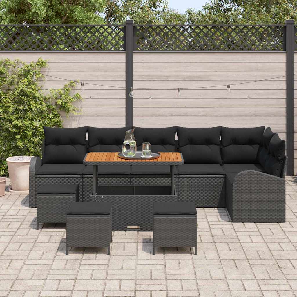 Garden Sofa Set with Cushion 10 pcs Black Poly Rattan