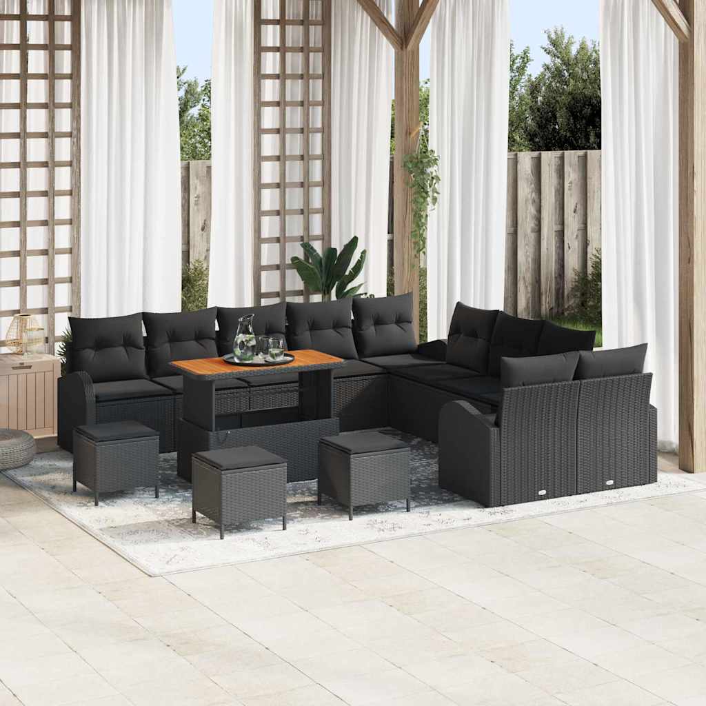 Garden Sofa Set with Cushion 14 pcs Black Poly Rattan