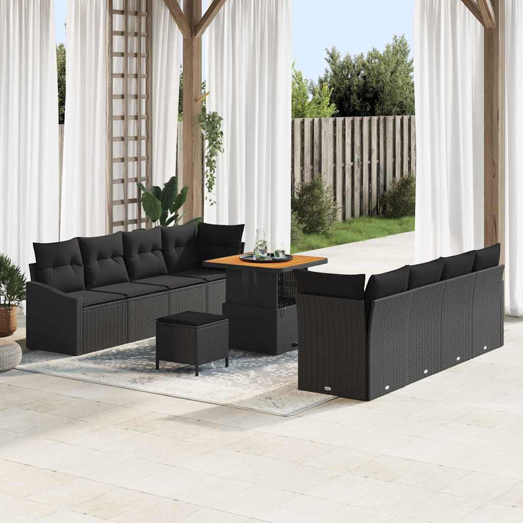 Garden Sofa Set with Cushion 11 pcs Black Poly Rattan