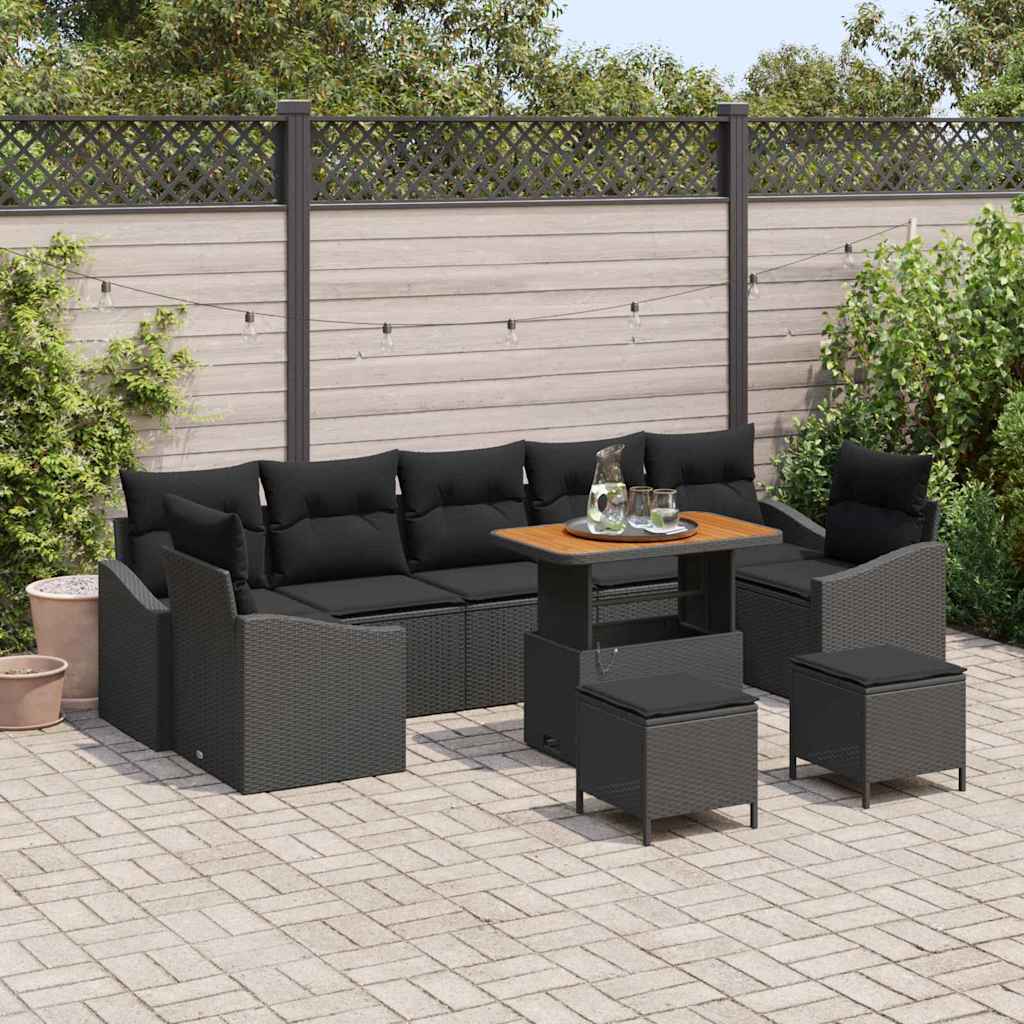 Garden Sofa Set with Cushion 10 pcs Black Poly Rattan