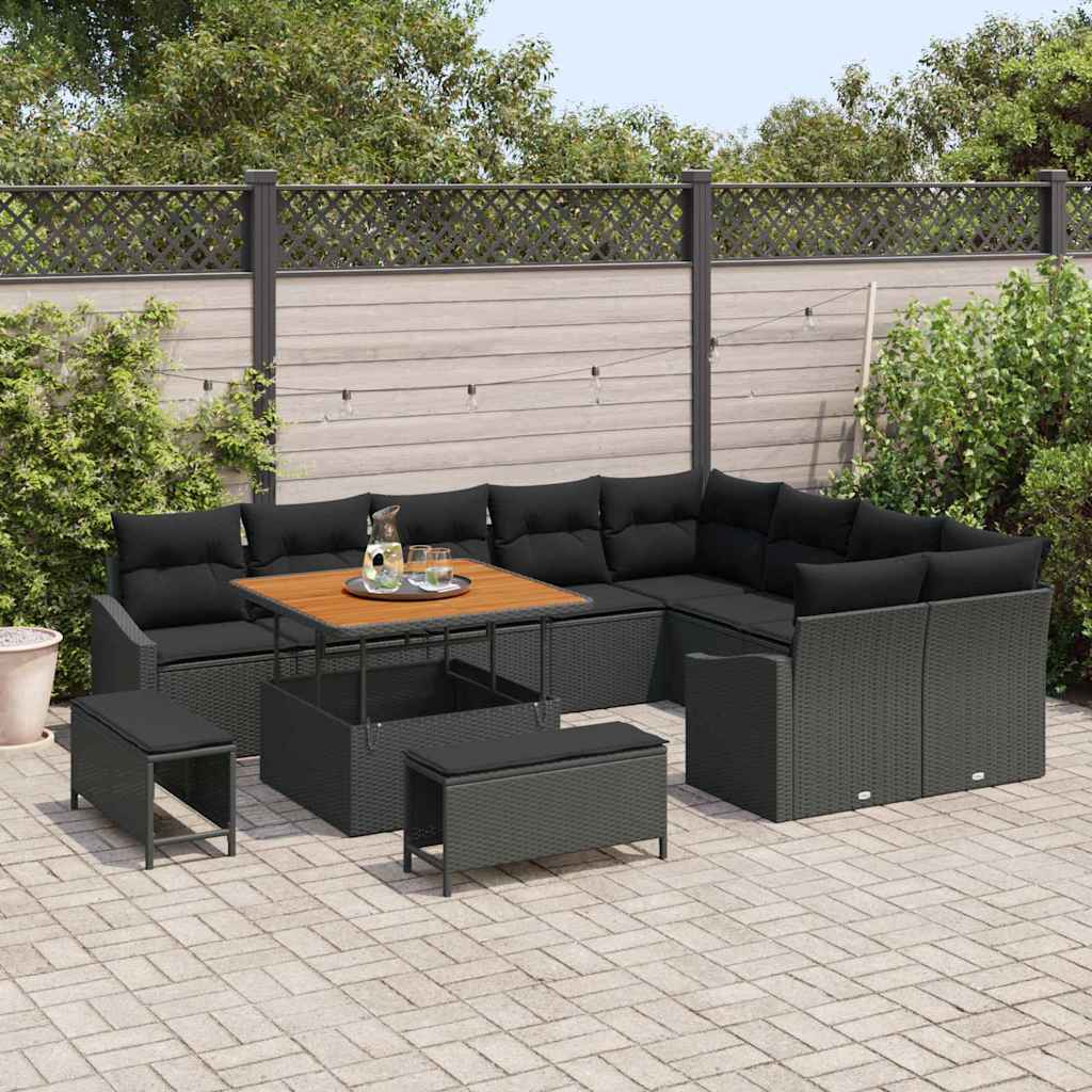 Garden Sofa Set with Cushion 12 pcs Black Poly Rattan