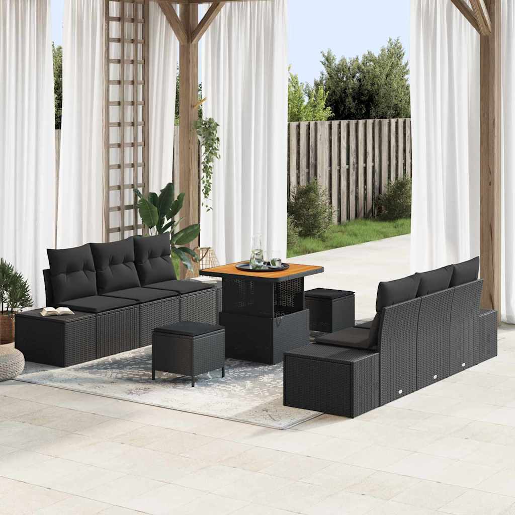 Garden Sofa Set with Cushion 9 pcs Black Poly Rattan