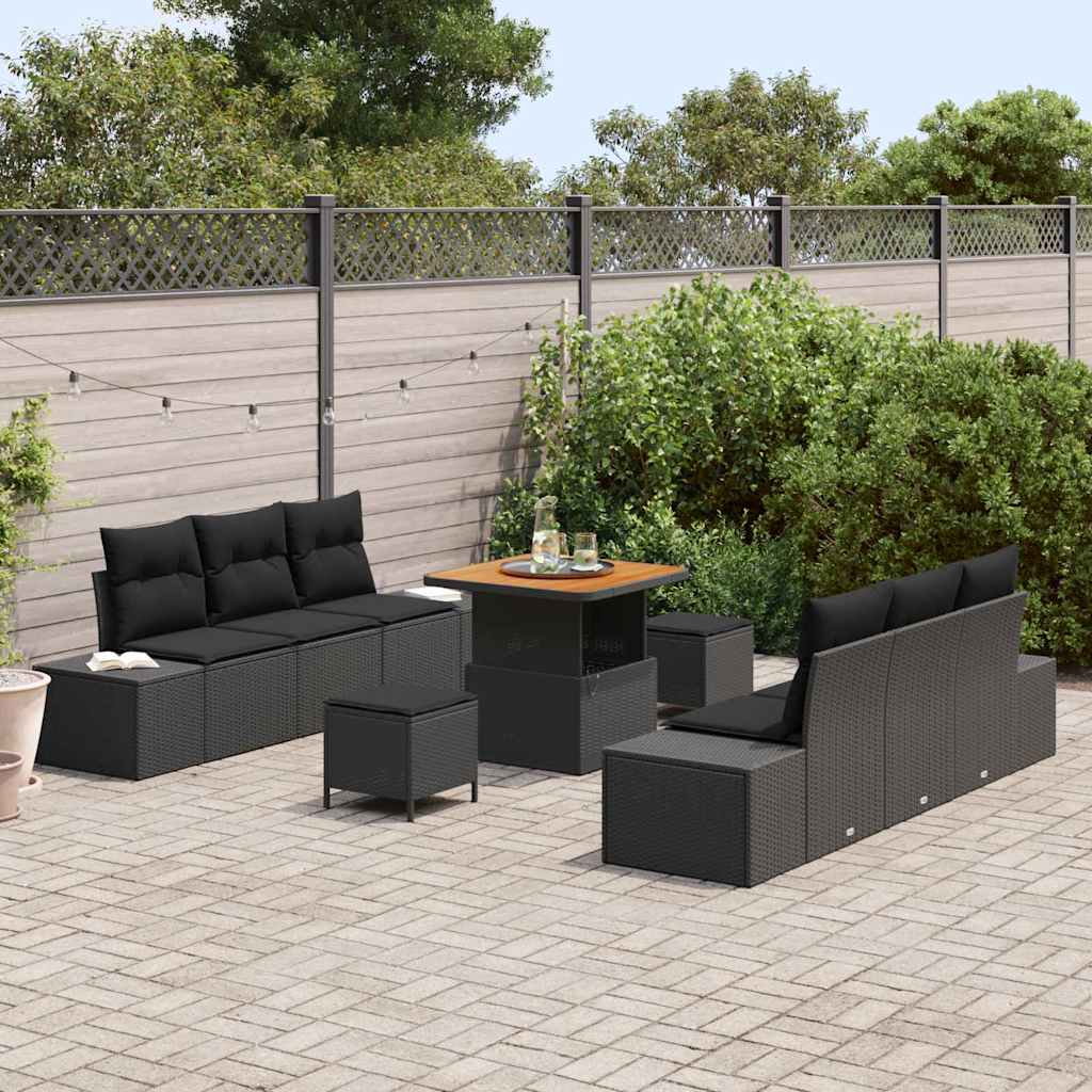 Garden Sofa Set with Cushion 9 pcs Black Poly Rattan