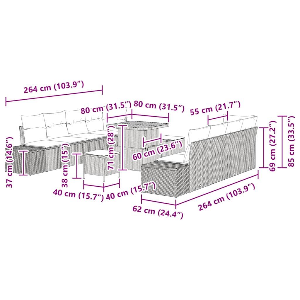 Garden Sofa Set with Cushion 11 pcs Black Poly Rattan