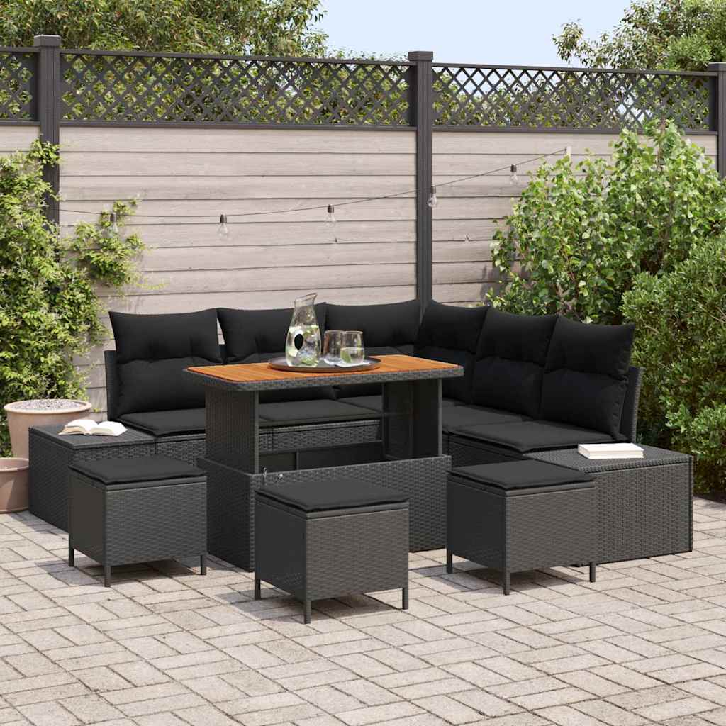 Garden Sofa Set with Cushion 9 pcs Black Poly Rattan
