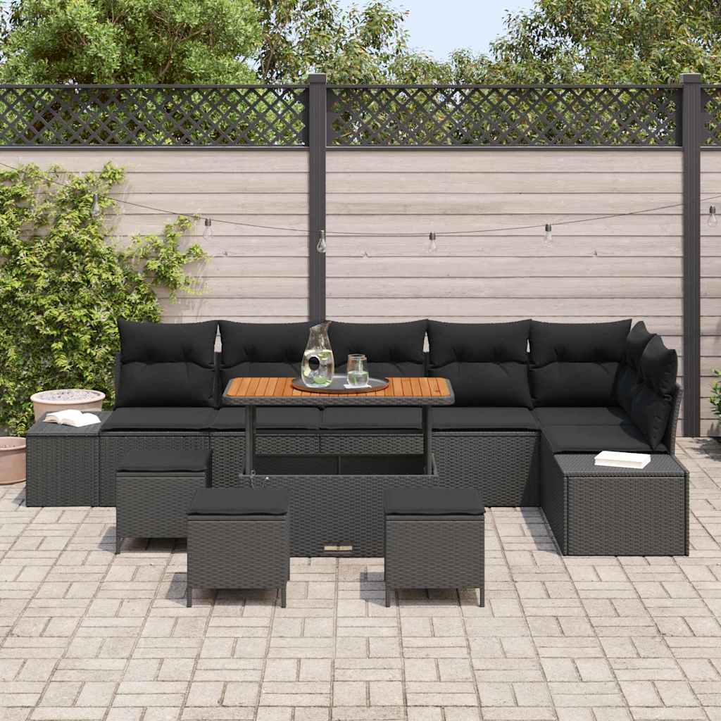 Garden Sofa Set with Cushion 10 pcs Black Poly Rattan